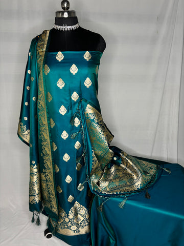 Neerja – Mashru Silk Three-Piece Suit Set in Short Rama (Teal Green)