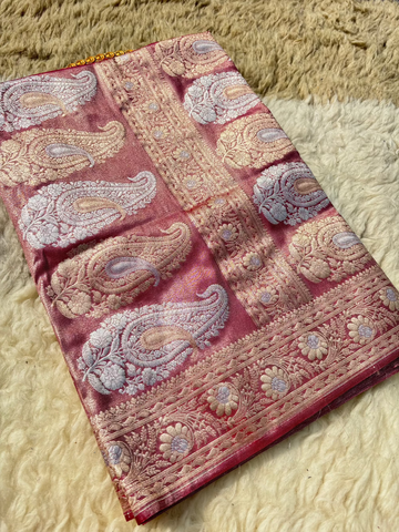 Light Rani Tissue Meena Katan Banarasi Saree with Antique Zari