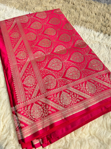 Lalima – Pure Satin Katan Banarasi Saree in Red Cherry