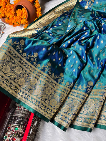 Rama-Neel Shaded Banarasi Satin Pure Silk Saree