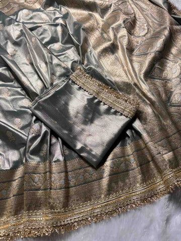 Light Grey Banarasi Tissue Silk With Fancy Lace 